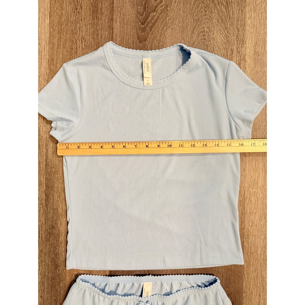 Auden Baby Blue Pointelle Pajama Set Top S /Bottom XS Wide Leg Scallop Trim - Picture 8 of 10